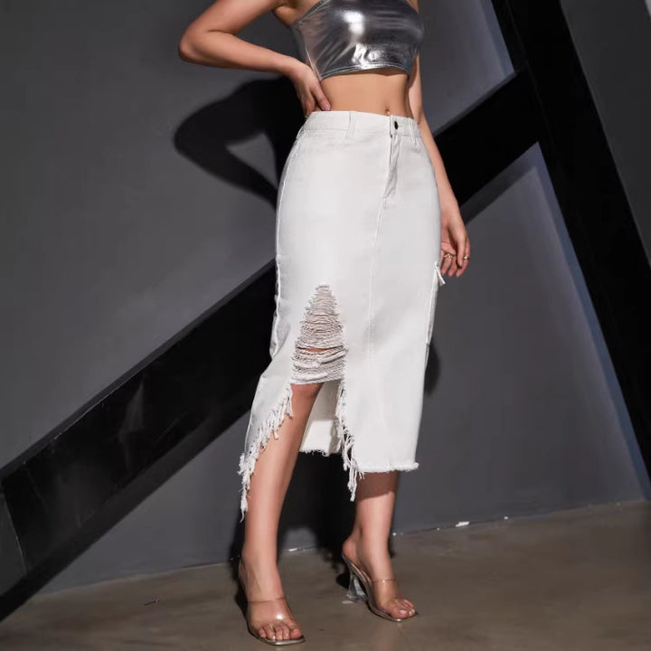 Damen asymmetrischer Midi-Denimrock mit Fransen- und Destroy-Effekt Drune