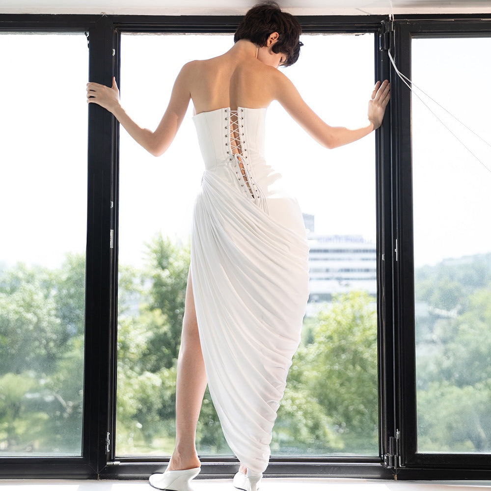 Frauen elegantes bodenlanges Kleid mit raffiniertem Drapierungseffekt Drune