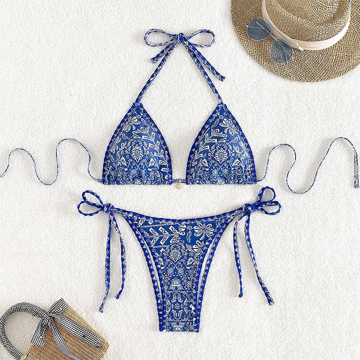 Damen Triangel-Bikini mit verspieltem Muster und eleganten Bindebändern Drune