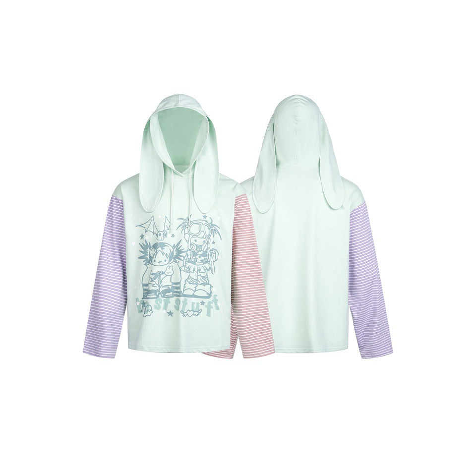Damen Hoodie mit Kapuze und Hasenohren, gestreiften Ärmeln und Manga‑Print Drune
