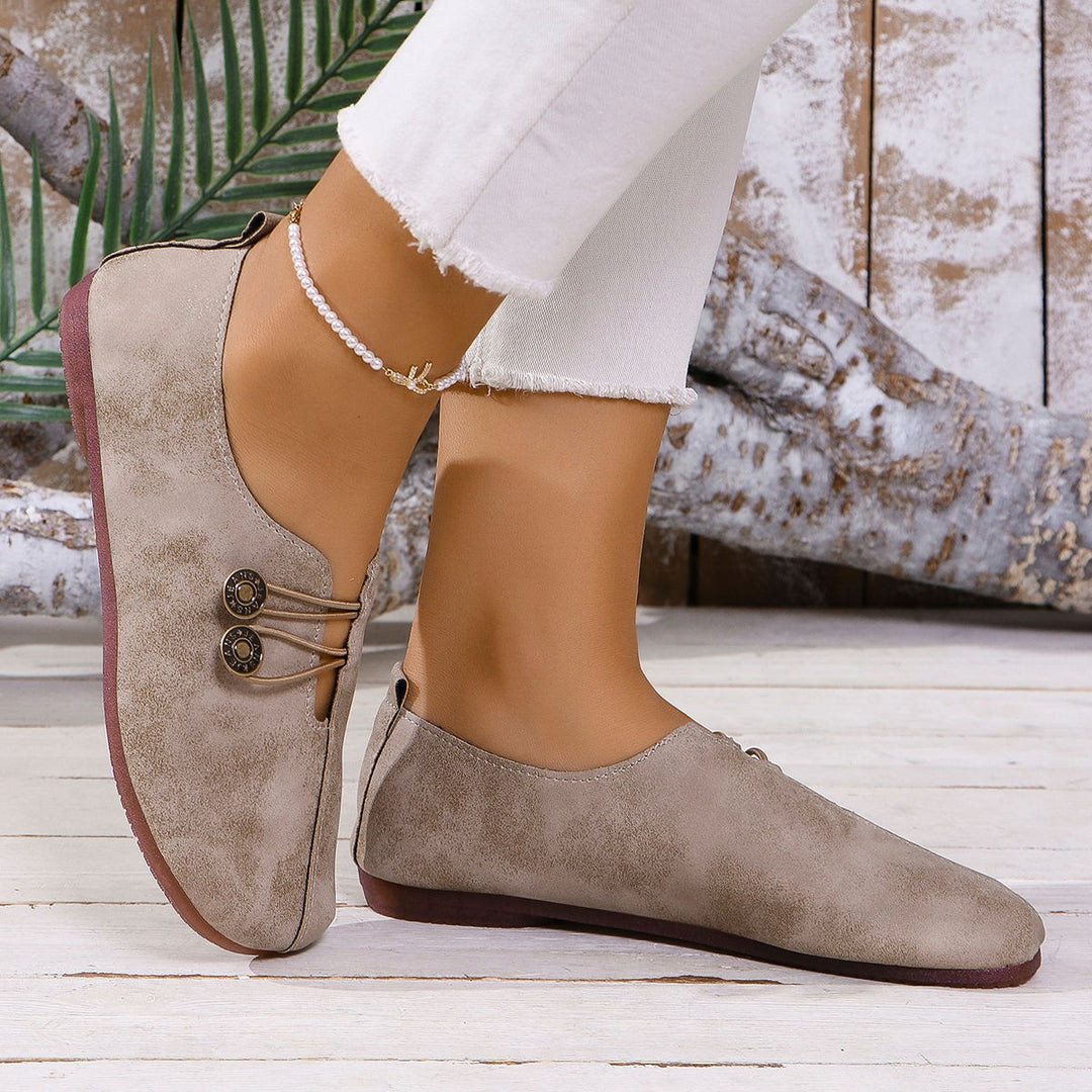 Damen nan bequeme flache Slipper Vintageoptik mit Zierknöpfen und elastischer Schnürung Drune
