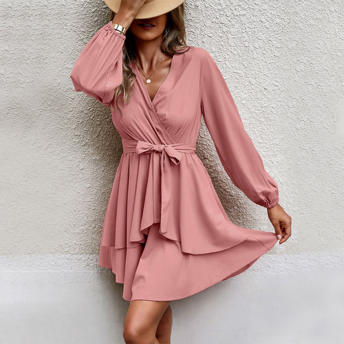 Damen gerafftes Wickel-Minikleid mit Stufenrock Bindegürtel und Volantdetails Drune
