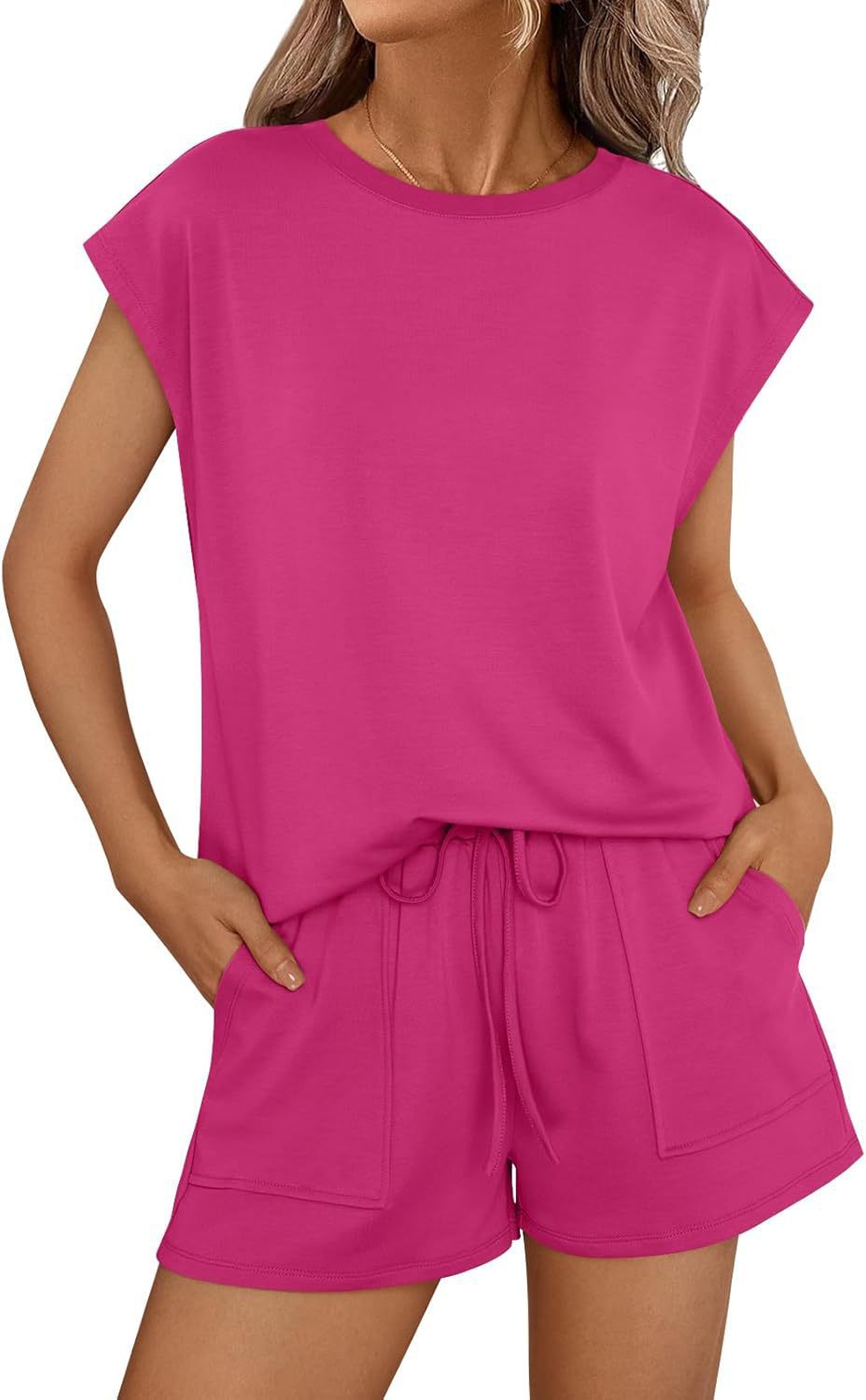 Damen lässiges Sommer-Set aus Oberteil und Shorts mit Kordelzug Drune