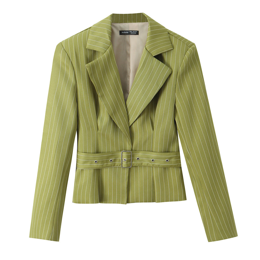 Damen Taillierter Cropped-Blazer mit Taillengürtel und Nadelstreifen Drune