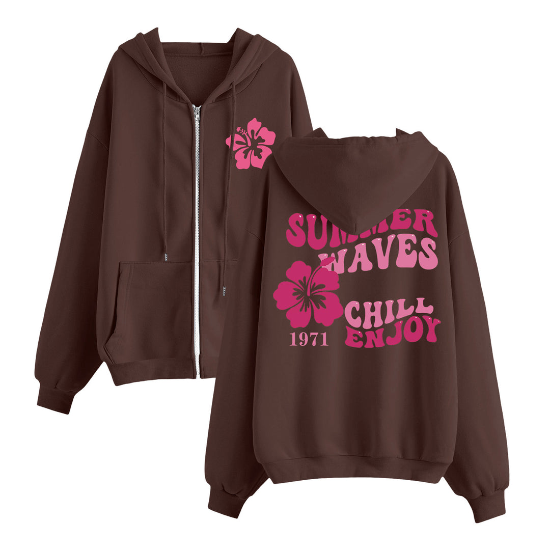 Damen nan entspannter Zip-Hoodie mit tropischem Hibiskus-Print, Kängurutaschen und gerippten Bündchen Drune