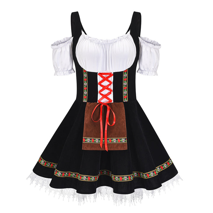 Damen nan kurzes Trachtenkleid mit Carmen-Ausschnitt, geschnürtem Mieder und bestickter Schürze Drune