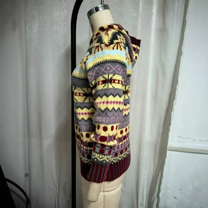 Damen nan oversized Strickkapuzenpullover mit Norwegermuster, gefütterter Kapuze und gerippten Bündchen Drune