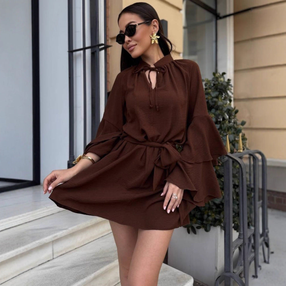 Damen lässiges Kleid mit voluminösen Ärmeln und Taillengürtel Drune
