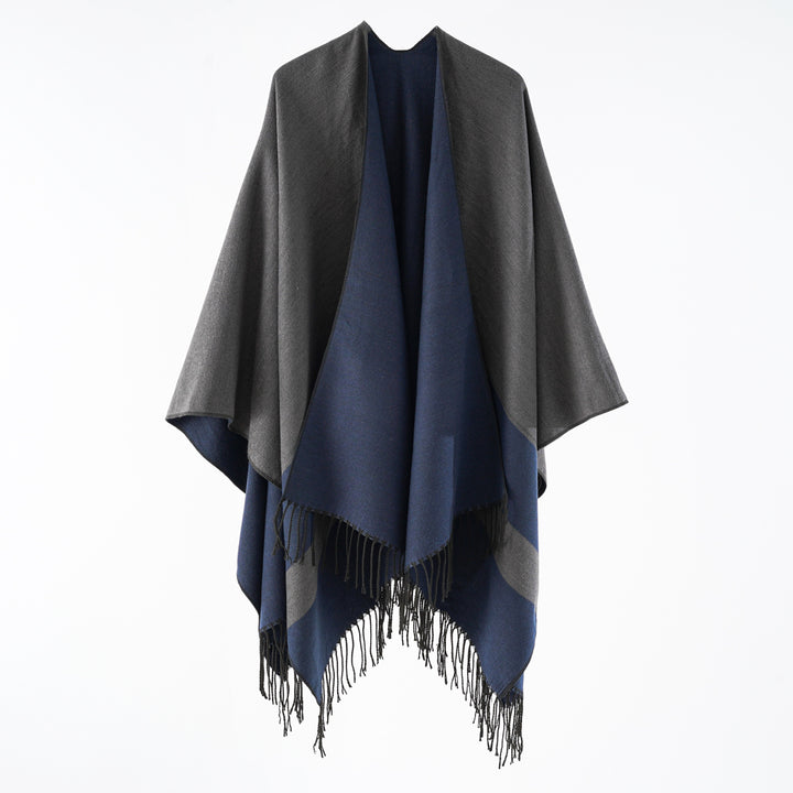 Damen Multifunktionaler Fransen‑Wickelponcho aus Wollmix mit doppellagigem Fall Drune