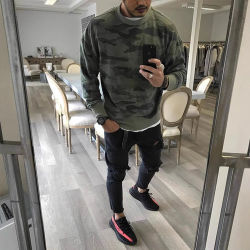 Herren Oversized Camouflage-Sweatshirt mit Rundhalsausschnitt und Rippbündchen Drune