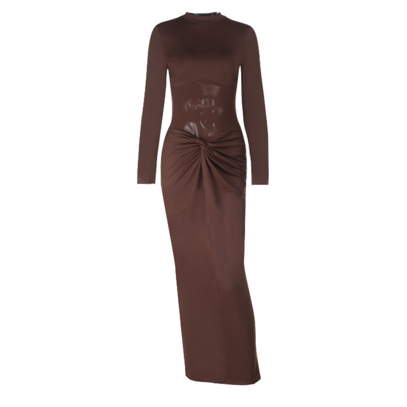 Damen Elegantes Maxikleid mit langärmligem, figurformendem Design und dezentem Rüschendetail Drune