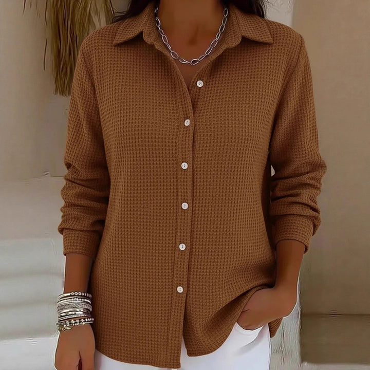 Damen Strukturierte Hemdbluse im Waffelstrick mit klassischem Kragen und durchgehender Knopfleiste Drune