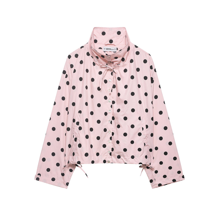 Damen Leichte Bluse im Polka‑Dot‑Design mit Stehkragen, Tunnelzugsaum und Knopfleiste Drune