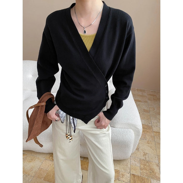 Damen elegante Wickelstrickjacke mit Knopfleiste und feiner Textur Drune