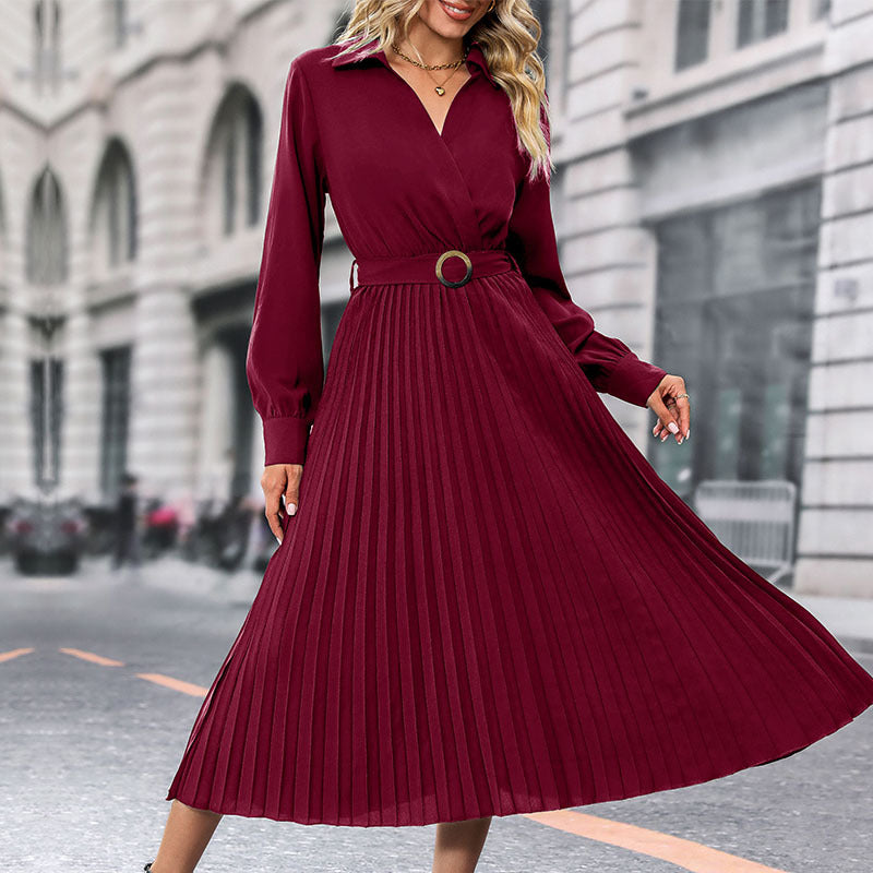 Damen Elegantes Plissee-Kleid mit Gürtel Drune