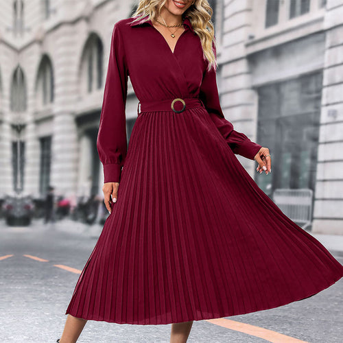 Damen Elegantes Plissee-Kleid mit Gürtel Drune