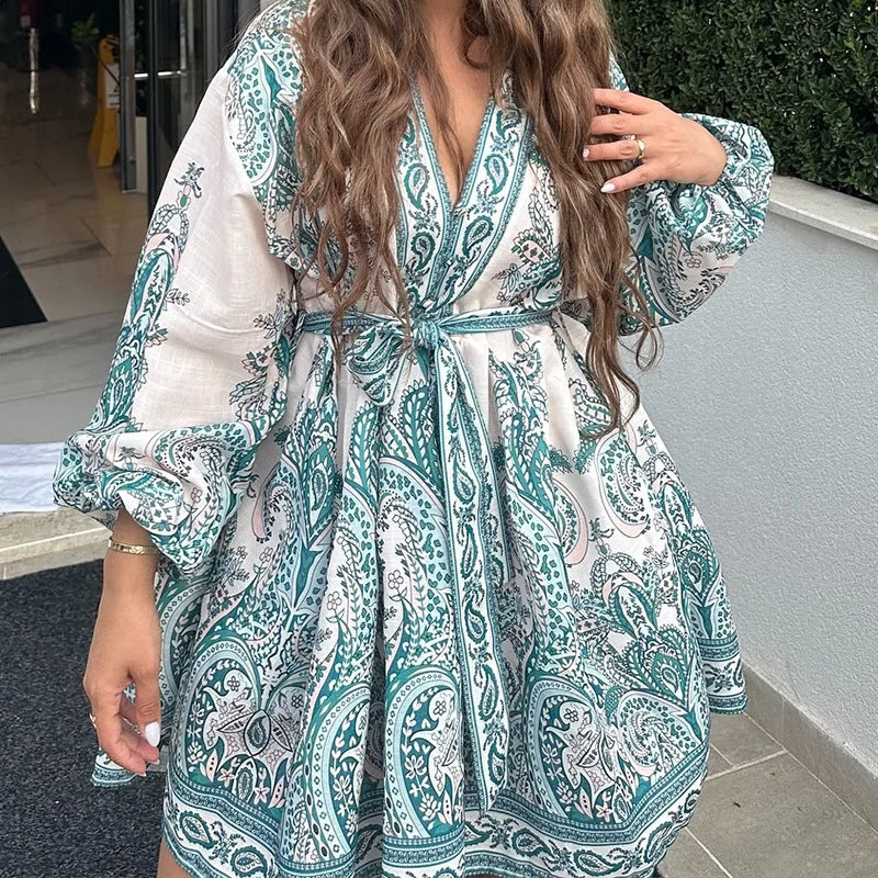 Damen Smaragdgrünes Paisley-Muster Wickelkleid mit langen Ärmeln und Taillengürtel Drune