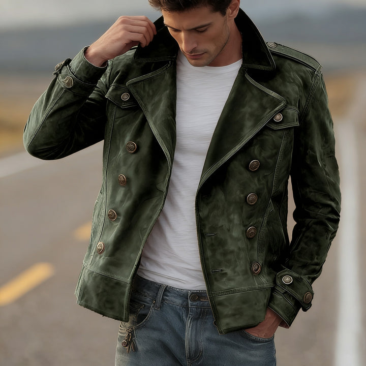Herren Doppelreihige Lederjacke im Vintage-Look mit Schalkragen und Schulterklappen Drune