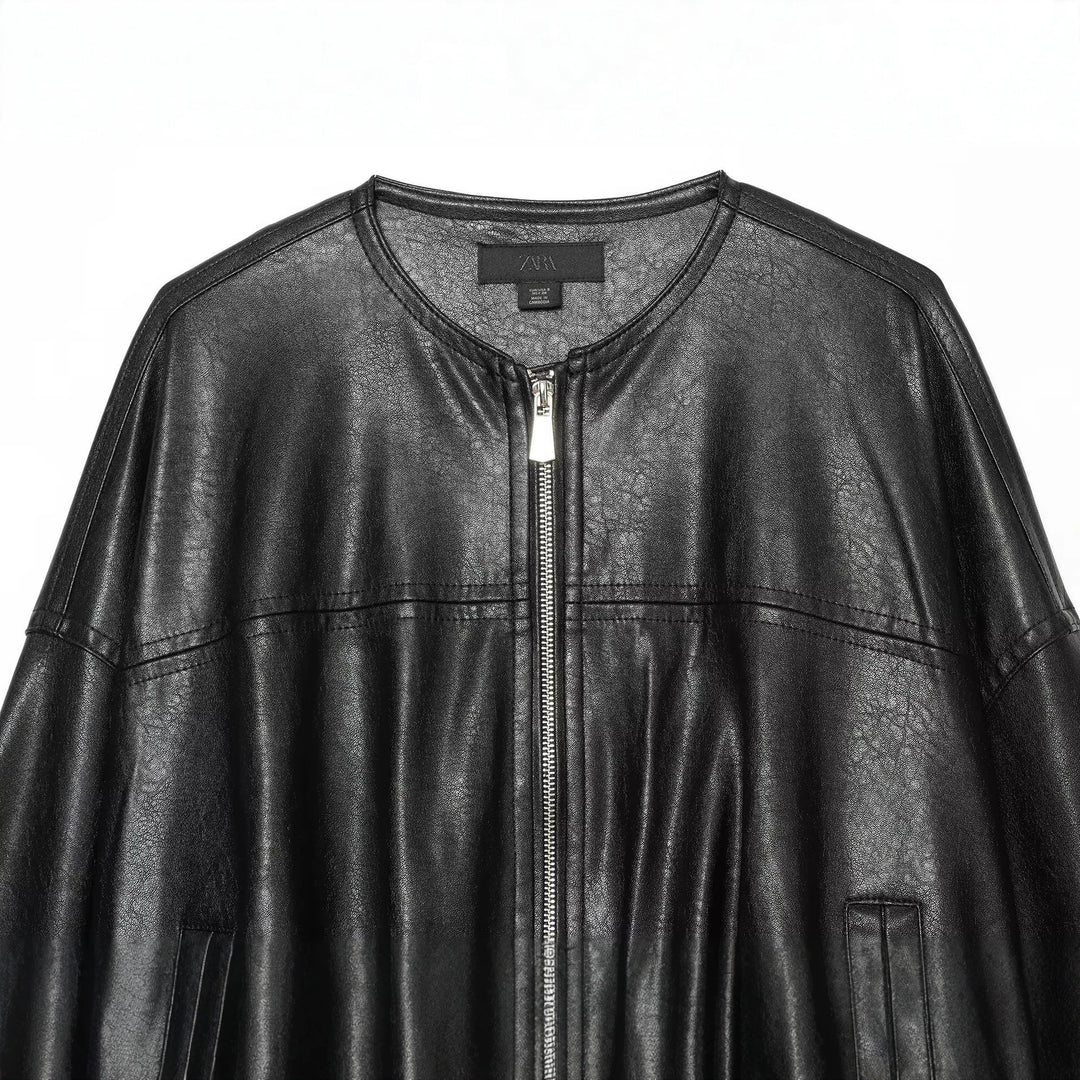 Damen Oversize Kunstleder-Blouson mit Rundhalsausschnitt, Reißverschluss und Eingrifftaschen Drune