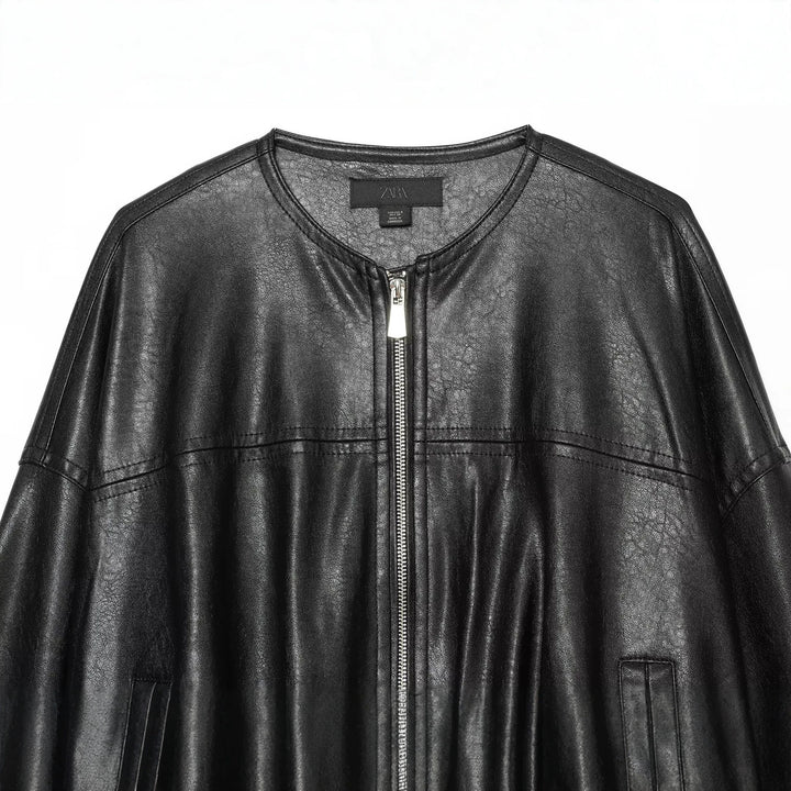 Damen Oversize Kunstleder-Blouson mit Rundhalsausschnitt, Reißverschluss und Eingrifftaschen Drune