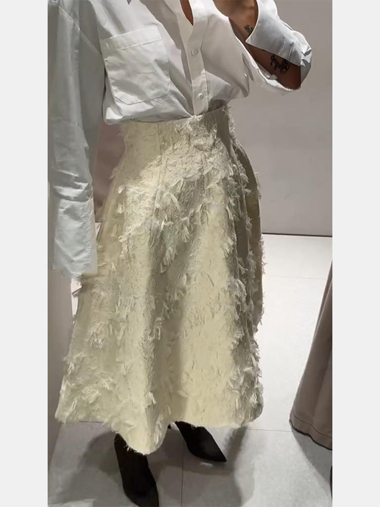 Damen Midirock mit hoher Taille und fransiger Struktur Drune