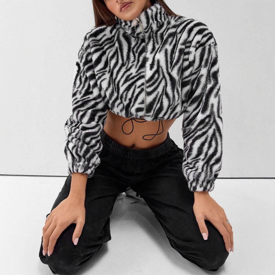 Damen cropped Fleece-Jacke mit modernem Zebra-Design und elastischen Bündchen Drune