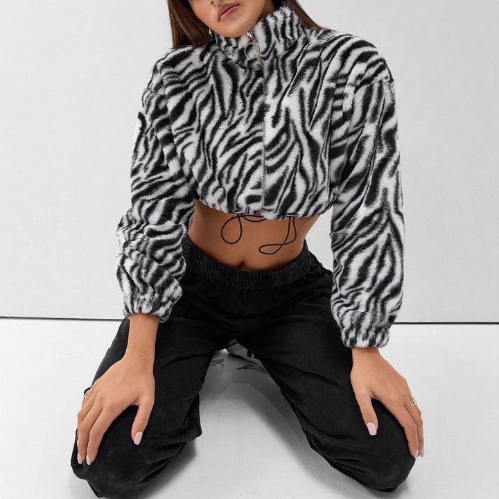 Damen cropped Fleece-Jacke mit modernem Zebra-Design und elastischen Bündchen Drune