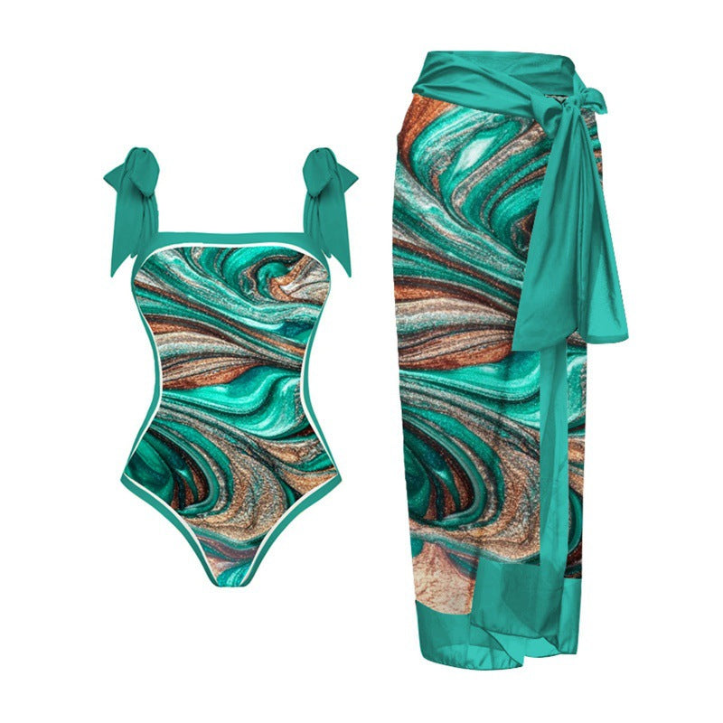 Damen Einteiler Badeanzug mit elegantem Wickelrock und modischen Riemen Drune