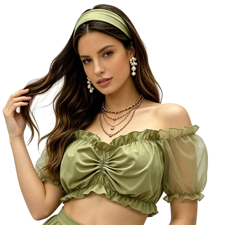 Damen nan gerafftes Crop Top mit Carmenausschnitt und transparenten Organzaärmeln Drune