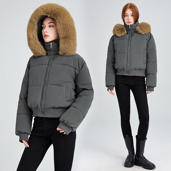Damen Kurz-Bomber-Steppjacke mit abnehmbarem Plüschkragen und geripptem Saum Drune
