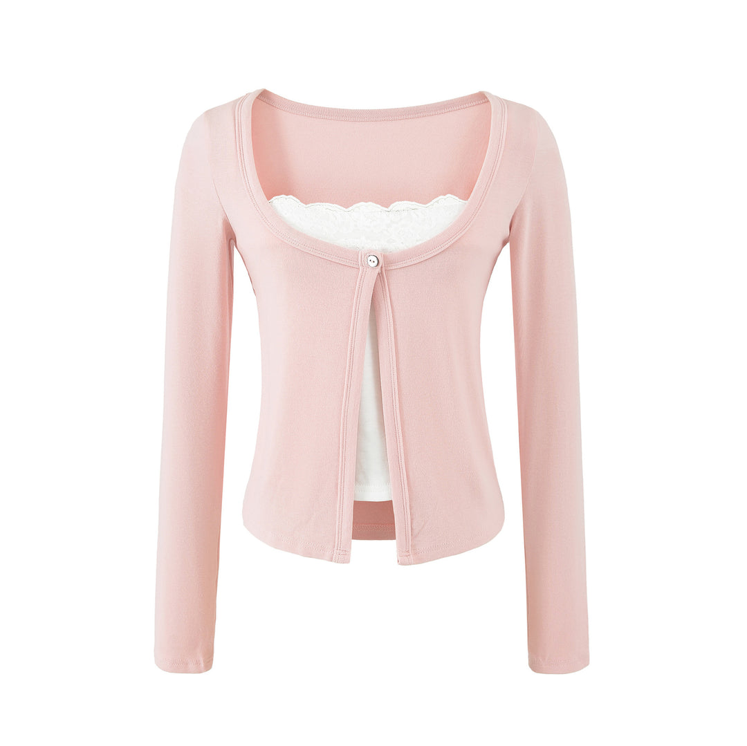 Damen Lagen-Cardigan mit integriertem Spitzen‑Cami und einreihigem Knopfverschluss Drune