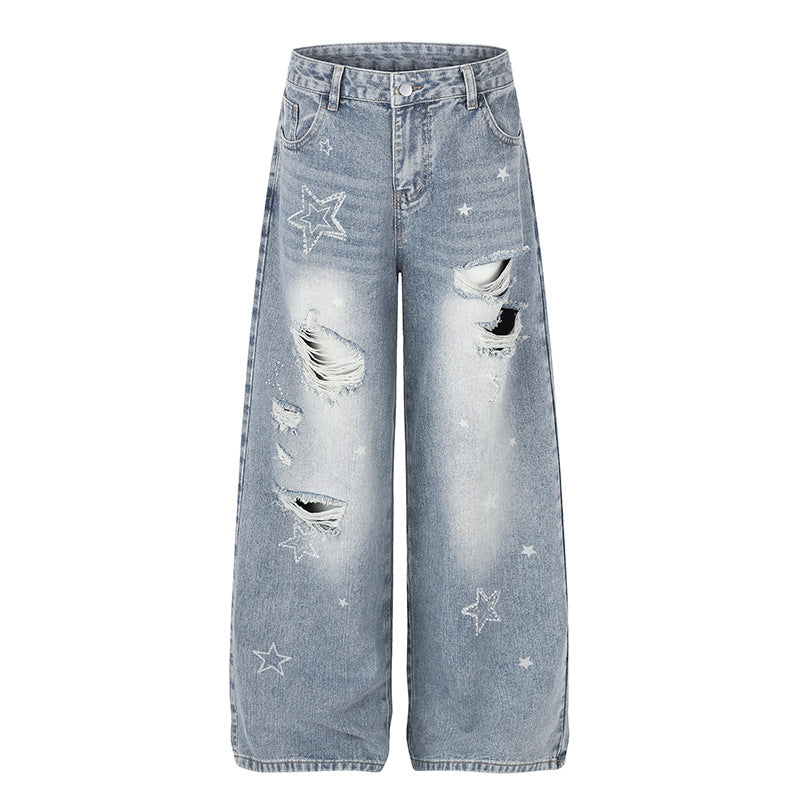 Damen Weite Distressed Palazzo-Jeans mit Stern-Stickerei Drune