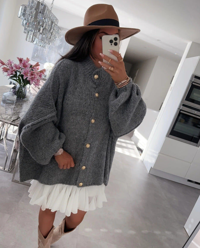 Damen Boucle Cardigan mit oversized Ärmeln und goldenen Knöpfen Drune