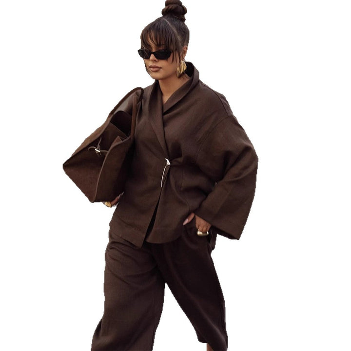 Damen Oversized Wickelblazer mit Sicherheitsnadel & weiter Anzughose Drune