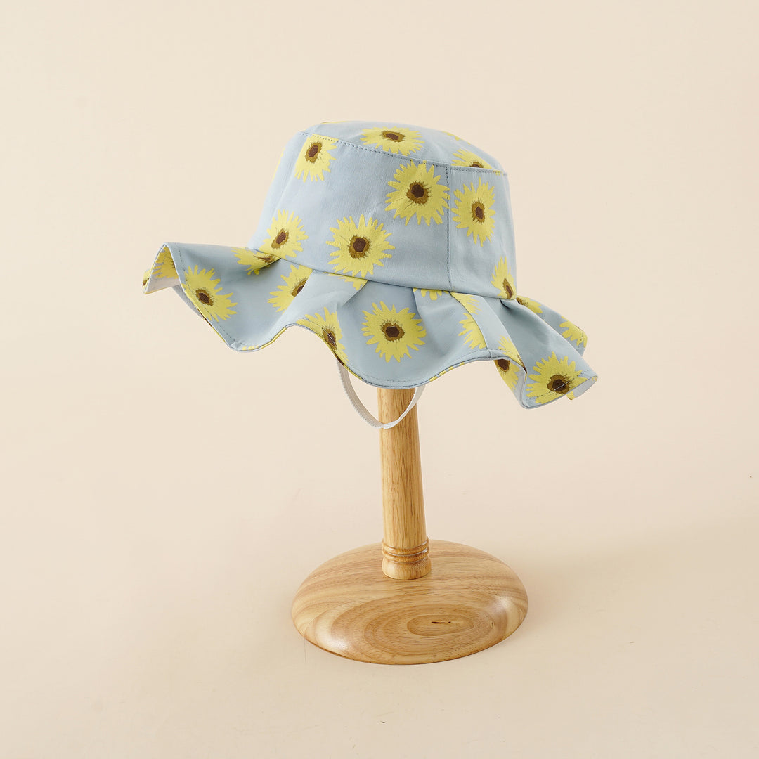 Damen Sonnenhut mit breiter Rüschenkrempe und Sonnenblumen‑Print Drune