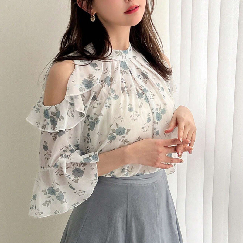 Damen Bluse mit transparentem Volant und floralem Druck Drune