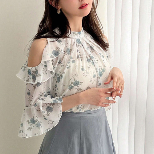 Damen Bluse mit transparentem Volant und floralem Druck Drune