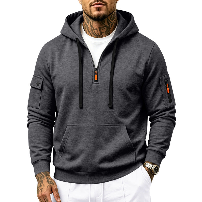 Herren Utility-Halbzip-Kapuzenpullover mit Ärmel-Taschen und Kängurutasche Drune
