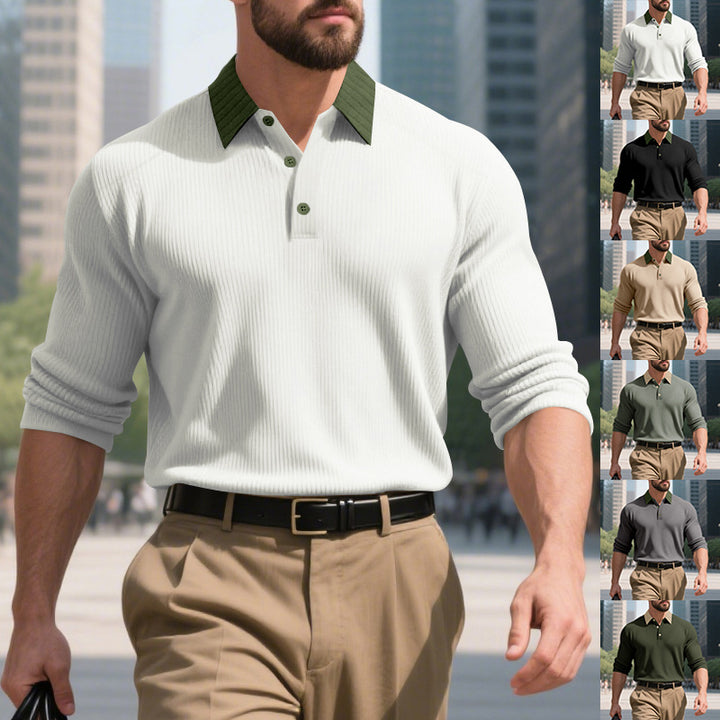 Herren elegantes Langarm-Polohemd mit strukturiertem Design und modischem Kragen Drune