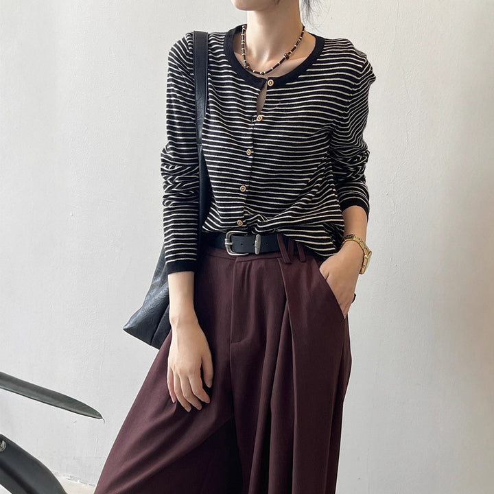 Damen Langarmshirt mit maritimem Streifenmuster und Knopfleiste Drune