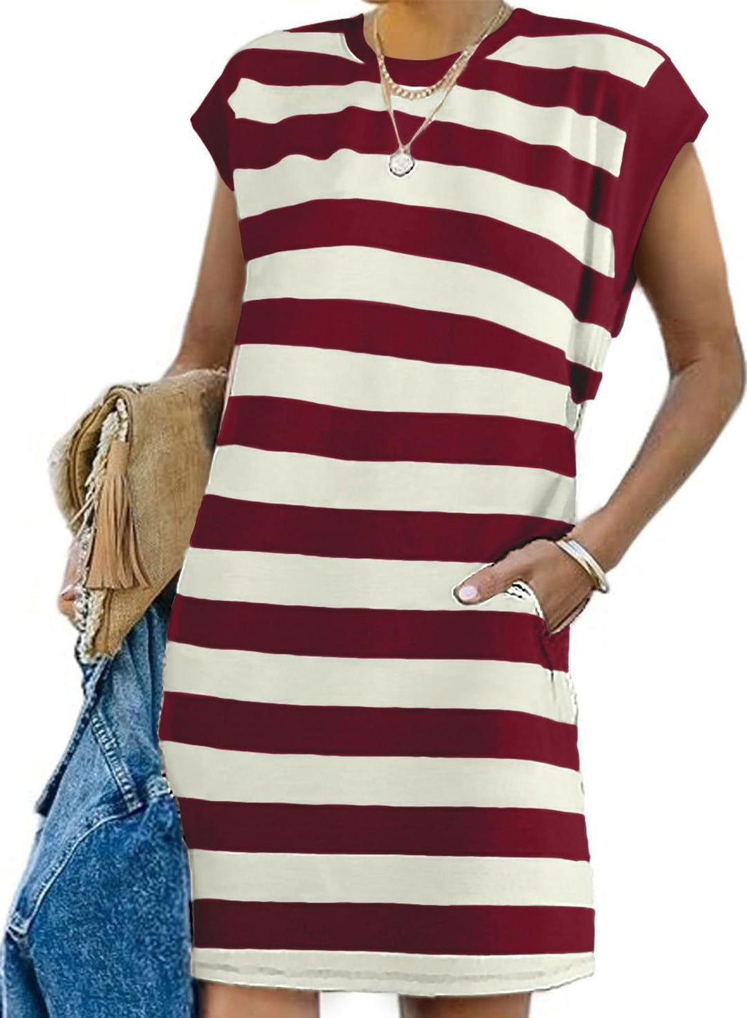 Damen Freizeit Gestreiftes T-Shirt Kleid Drune