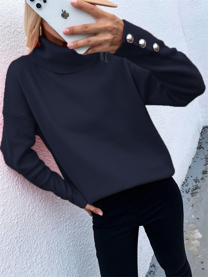 Damen Gerippter Rollkragenpullover mit Oversize-Schnitt und Zierknopfmanschetten Drune