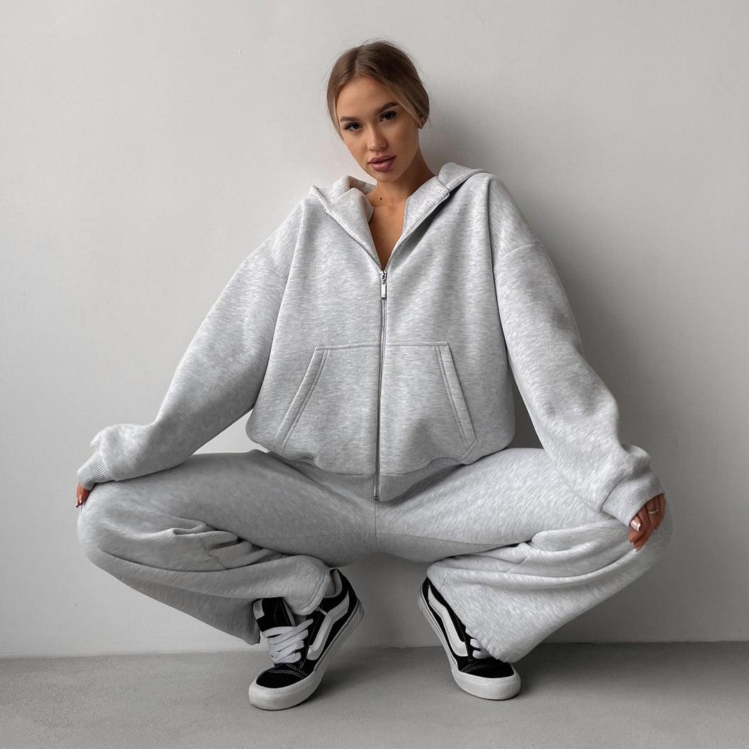 Damen Baumwoll-Fleece Lounge-Set mit Oversize-Zip-Hoodie und Palazzo-Sweatpants Drune