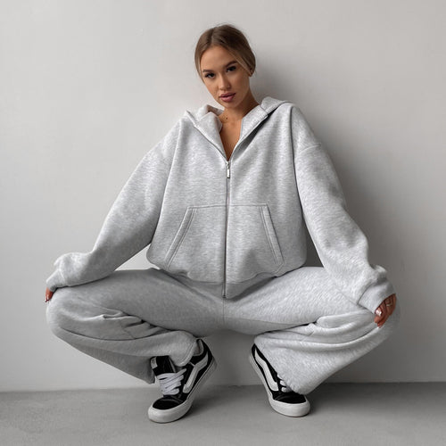 Damen Baumwoll-Fleece Lounge-Set mit Oversize-Zip-Hoodie und Palazzo-Sweatpants Drune