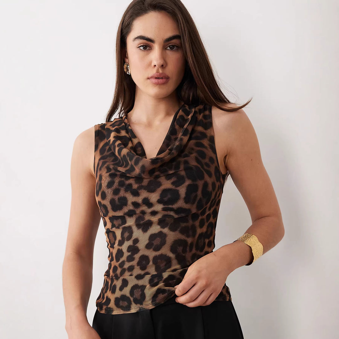 Damen Cowl-Neck Top mit Leopardenmuster und figurbetontem Schnitt Drune