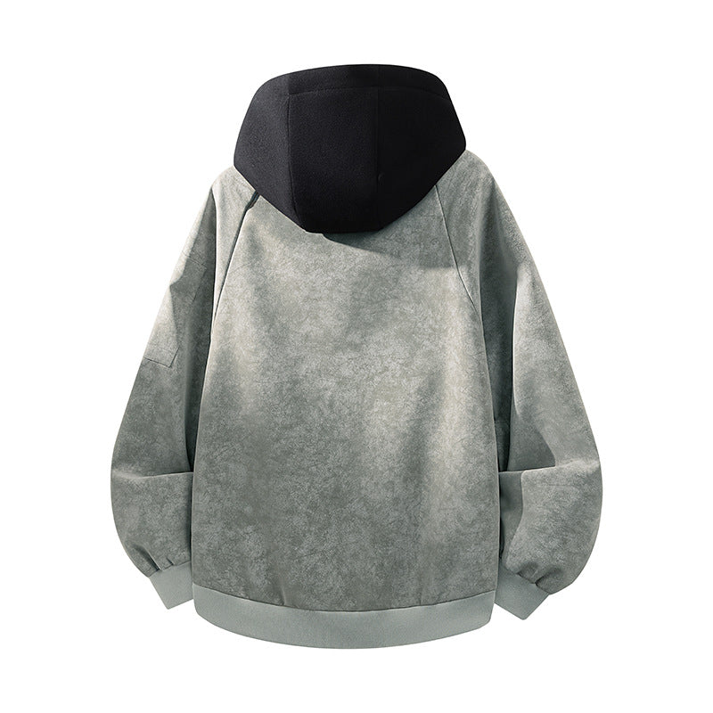 Herren Oversize-Kunstvelours-Kapuzen-Bomberjacke mit Ärmeltasche und Thermofutter Drune