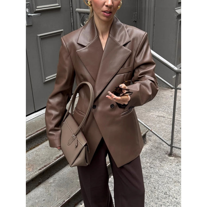 Damen Oversized Blazer aus hochwertigem Kunstleder mit doppelter Knopfverschluss Drune