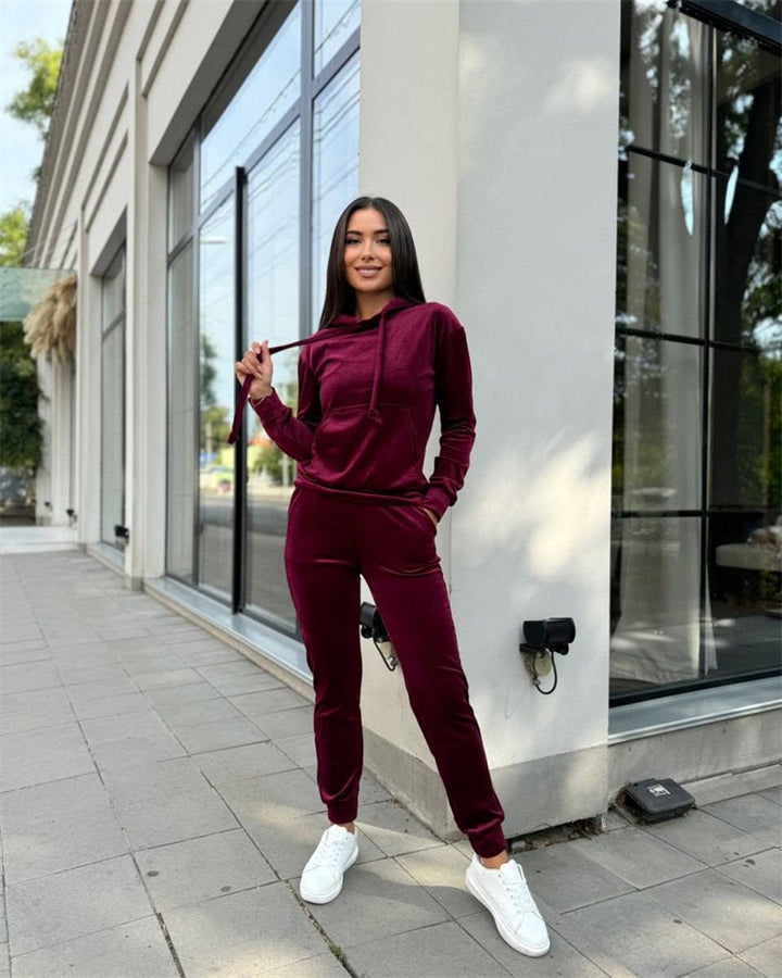 Damen weiches Velours-Lounge-Set mit Kapuzenpullover und tapered Jogginghose Drune