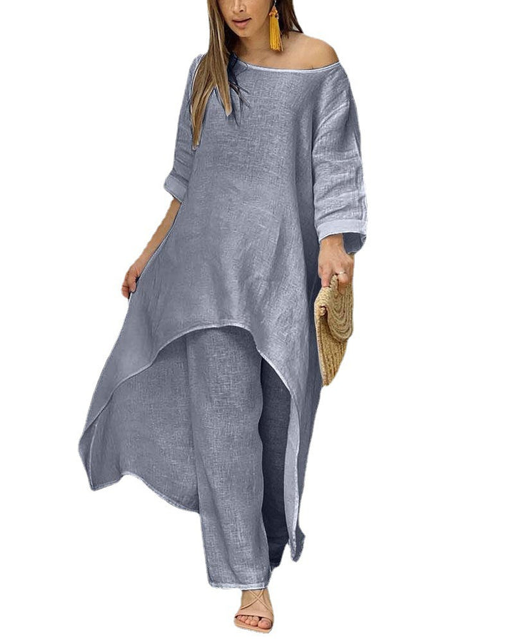 Damen Lässiges Leinenoptik-Zweiteiler mit asymmetrischer Long-Tunika und weitem Palazzo-Hose Drune