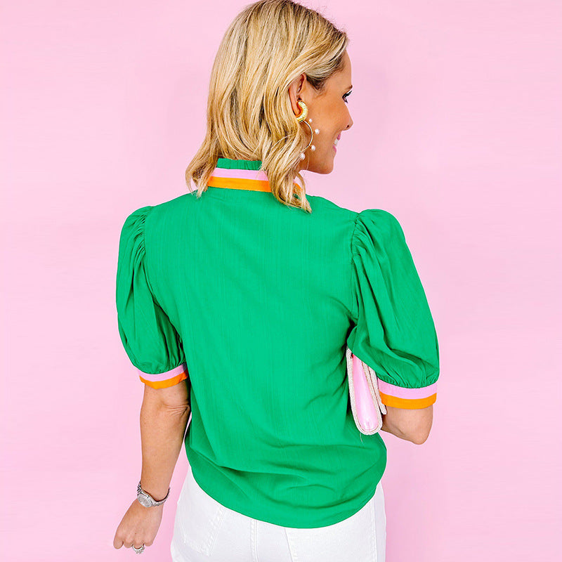 Damen Bluse mit stilvollen Rüschendetails und modischem Farbkontrast Drune